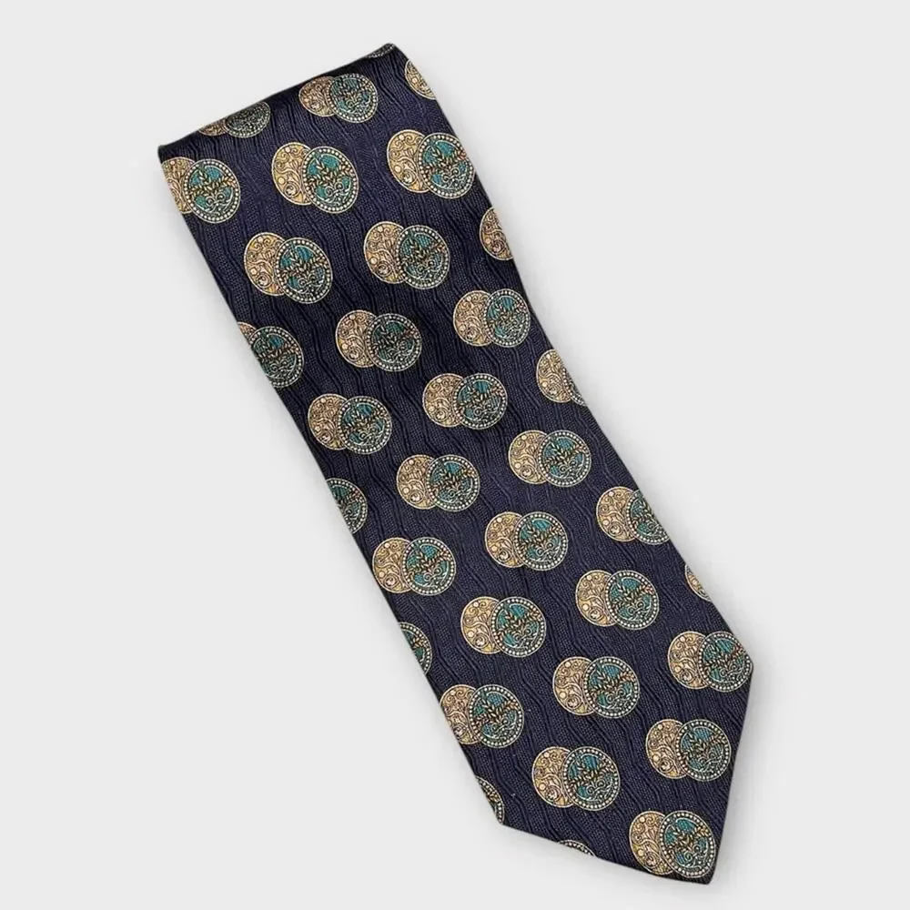 VALENTINO navy, teal & gold coin medallion print silk tie made in Italy luxury